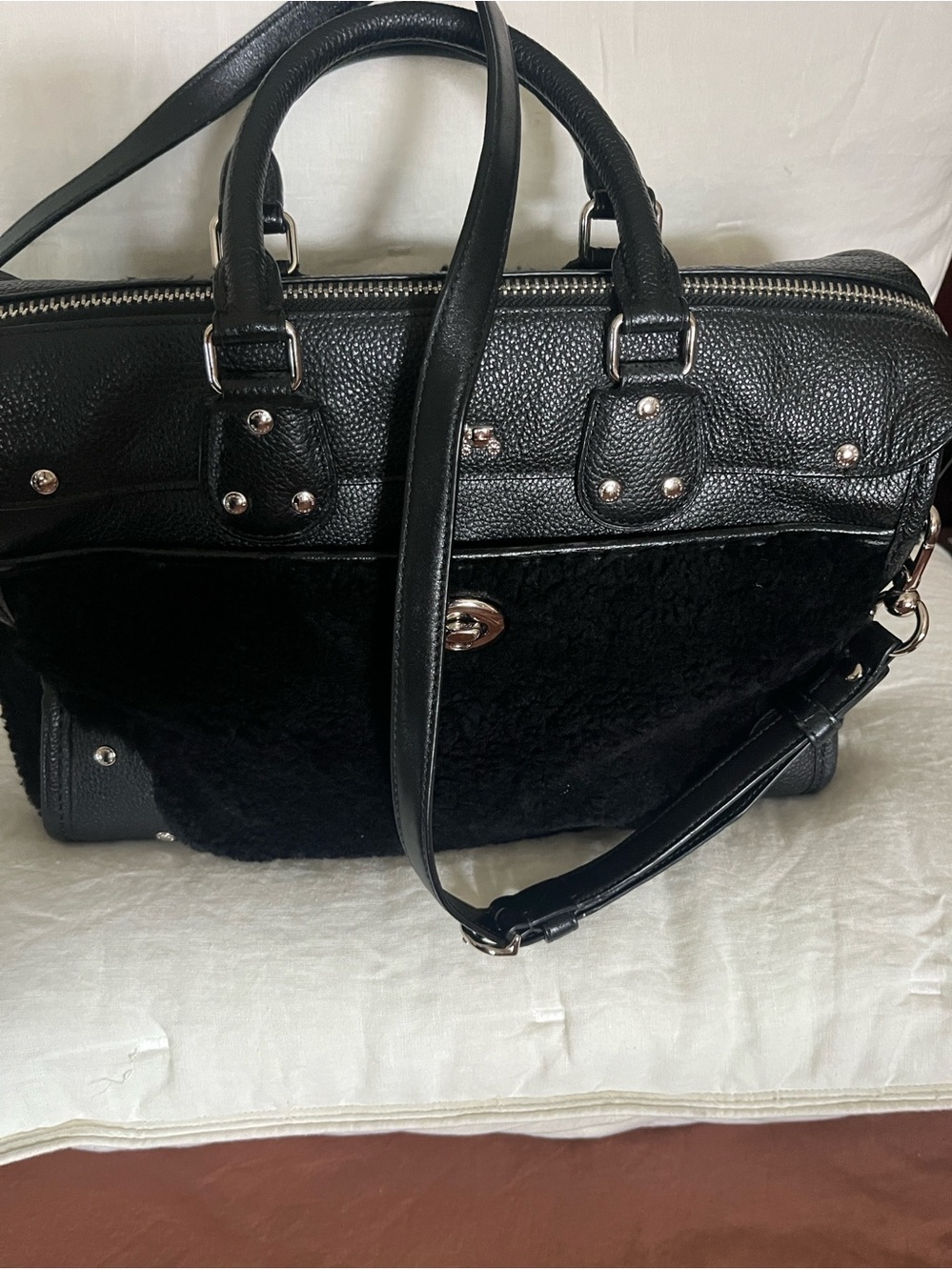 Coach Black Faux Fur & Pebbled Leather Satchel with Crossbody Strap